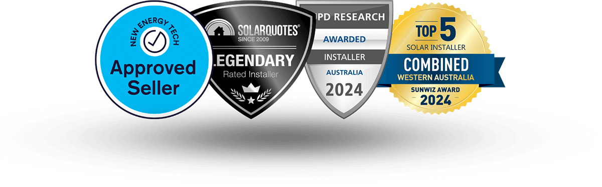 Perth Solar Warehouse Awards and Recognition 2024: NETCC Approved Seller logo, SolarQuotes.au Legendary logo, EUPD Research Top Brand iInstaller 2023 logo and SunWiz TOP 5 Combined Commercial and Residential volume Award Western Australia 2024