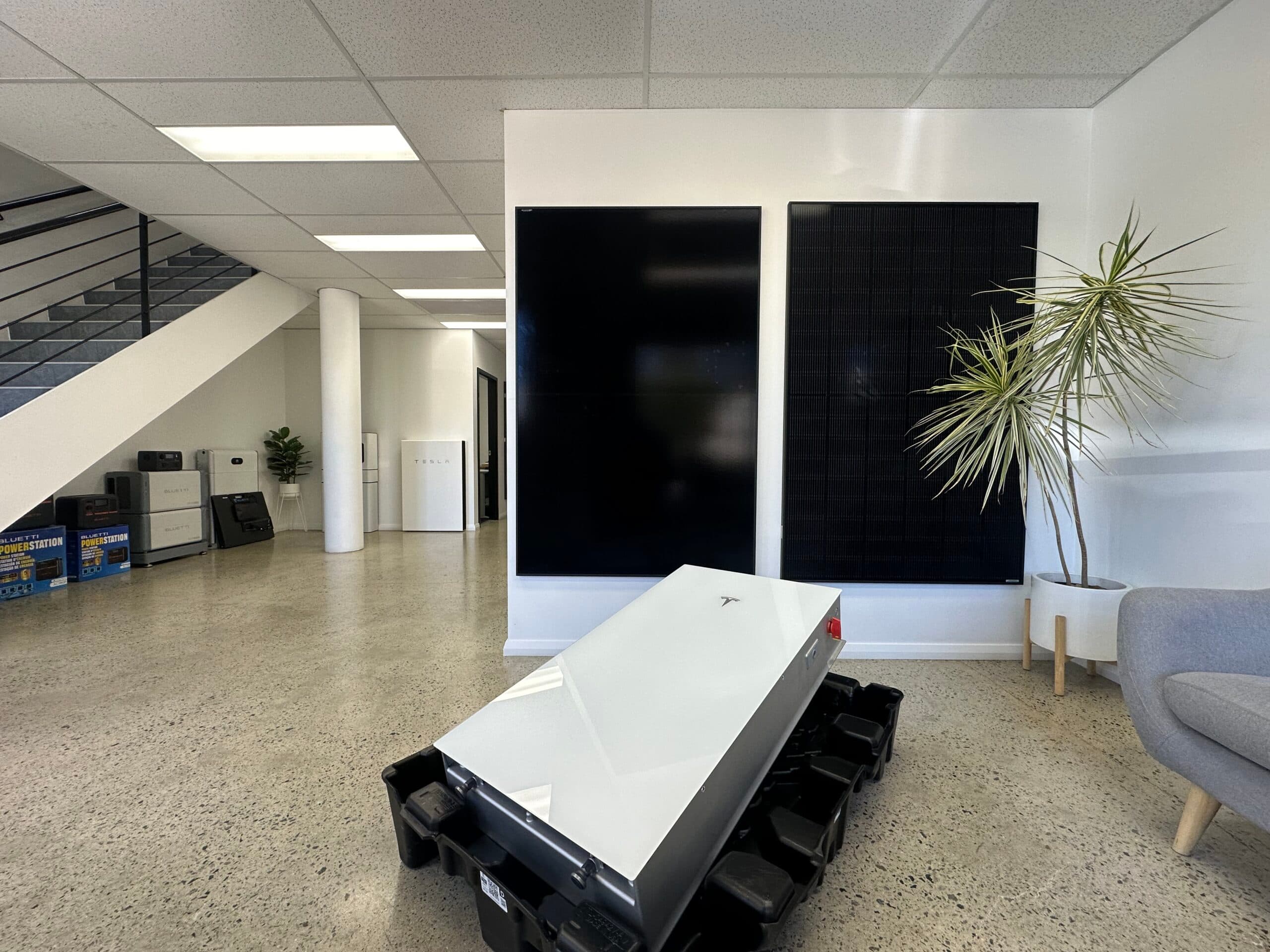 Western Australia's first Tesla Powerwall 3 unit pictured in it's reusable delivery case inside the Perth Solar Warehouse showroom - Bibra Lake